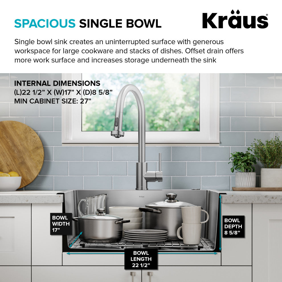 KRAUS Fairlane 25" Drop, / Top Mount 1-Bowl Stainless Steel Kitchen Sink