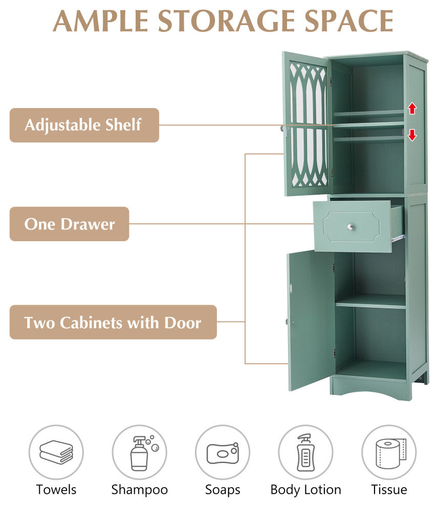 64" Tall Freestanding Bath Storage Cabinet, Adjustable Shelves