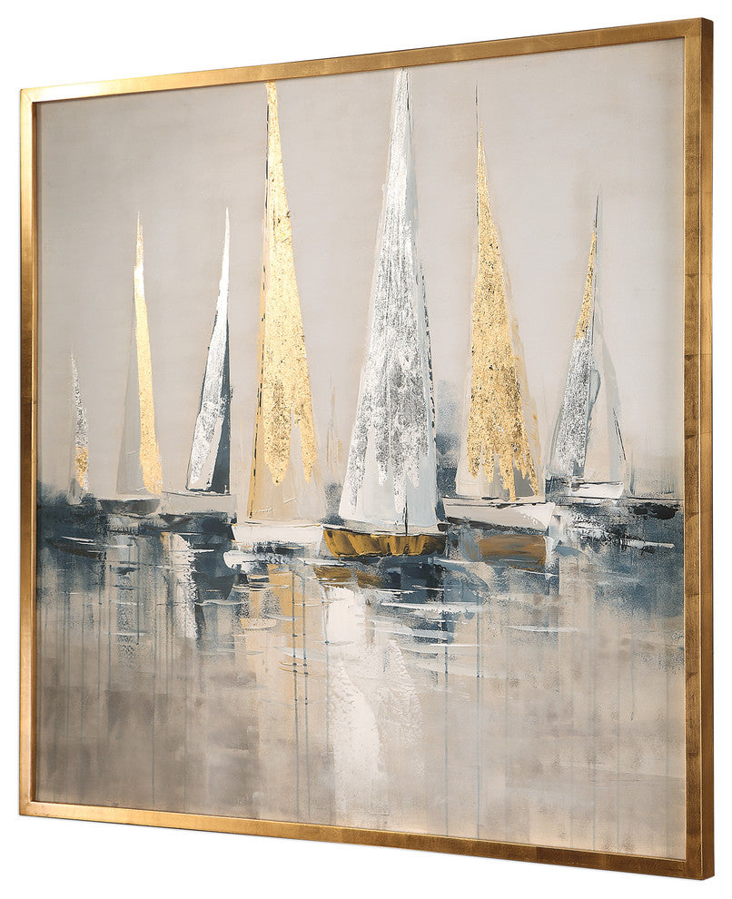 Oversize Metallic Sailboats Nautical Wall Art, Painting Silver Gold Blue Gray