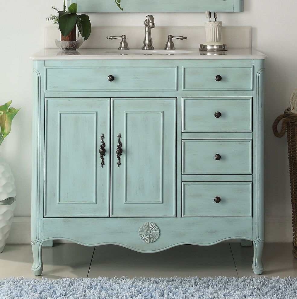 38 Inch Distressed Light Blue Cottage Style Daleville Bathroom Sink Vanity, No Mirror No Faucet
