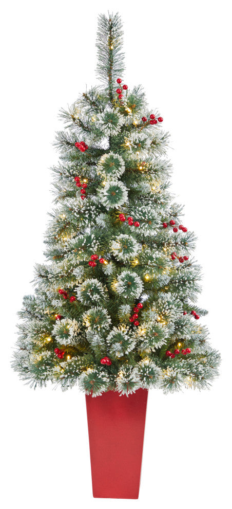 52" Frosted Swiss Pine Faux Xmas Tree W/100 Clear Lights & Berries, Red Planter