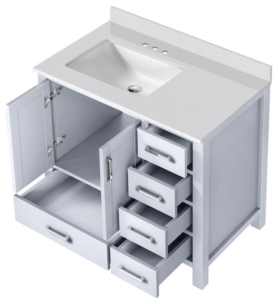 Jacques 36" Bath Vanity, White, Vanity & Quartz Top, Left Sink