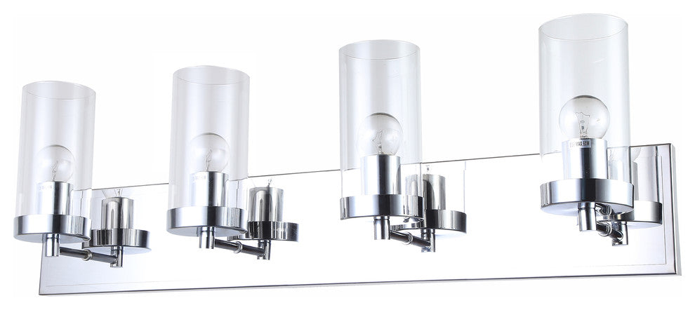 4-Light Chrome Frame Wall Sconce With Clear Glass Cylinder Shades