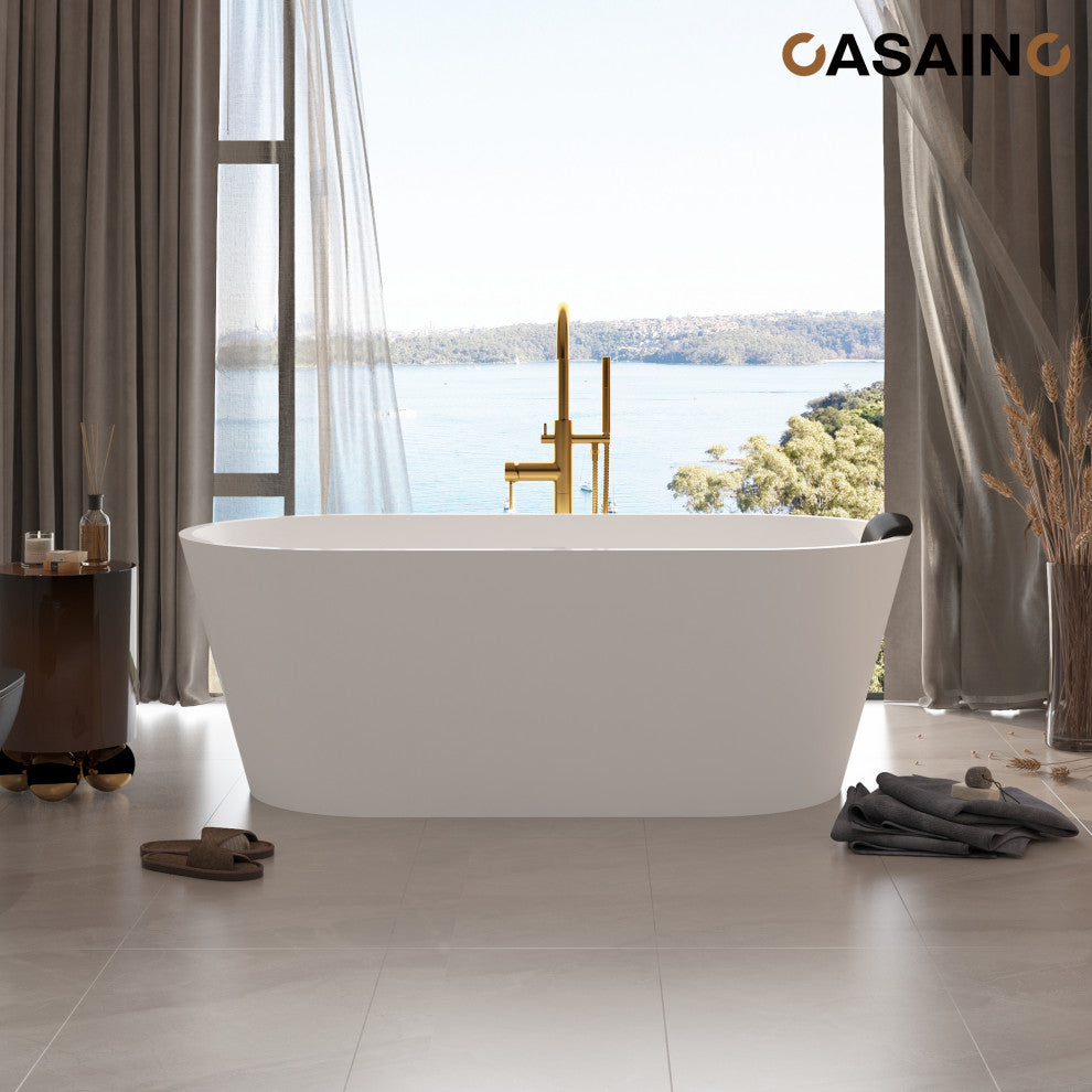 59in White Solid Surface Freestanding Soaking Bathtub with Drain, 67in