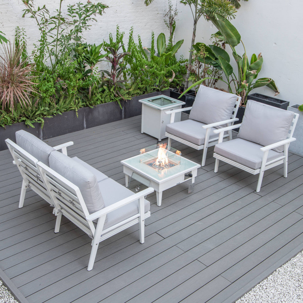 LeisureMod Walbrooke Patio Conversation Set With Fire Pit Table, Light Grey