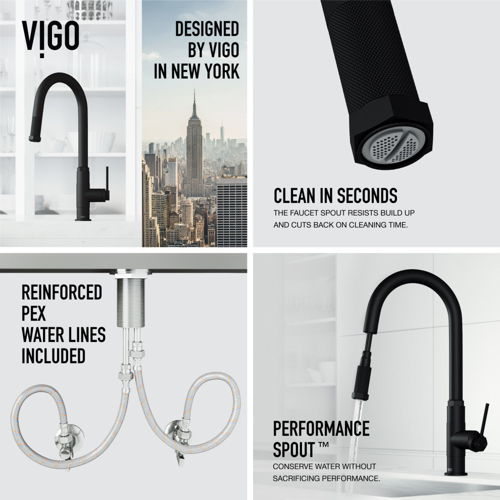 VIGO Hart Arched 18" H Single Handle Pull-Down Kitchen Faucet, Matte Black, Without Extras
