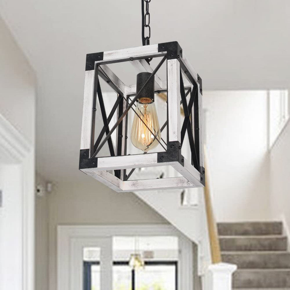 Island Wood Hanging Pendant Lamp Square Farmhouse Cage Pendant Light Fixture