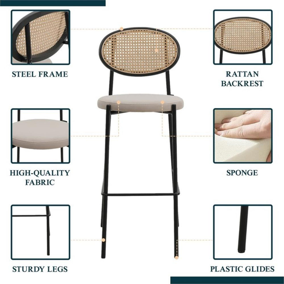 LeisureMod Euston Wicker Bar Stool with Black Metal Frame Set of 2 Beige