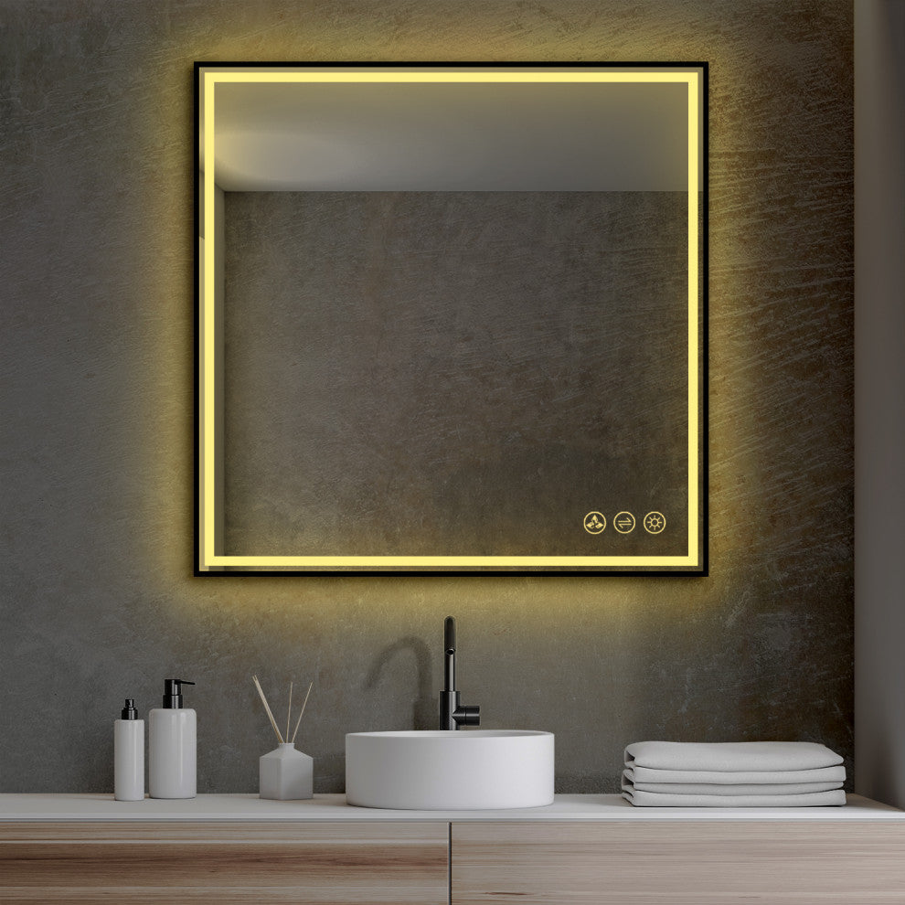 Fogless, Dimmable, Color Temperature Adjustable LED Mirror, Brush Gold, 36x36