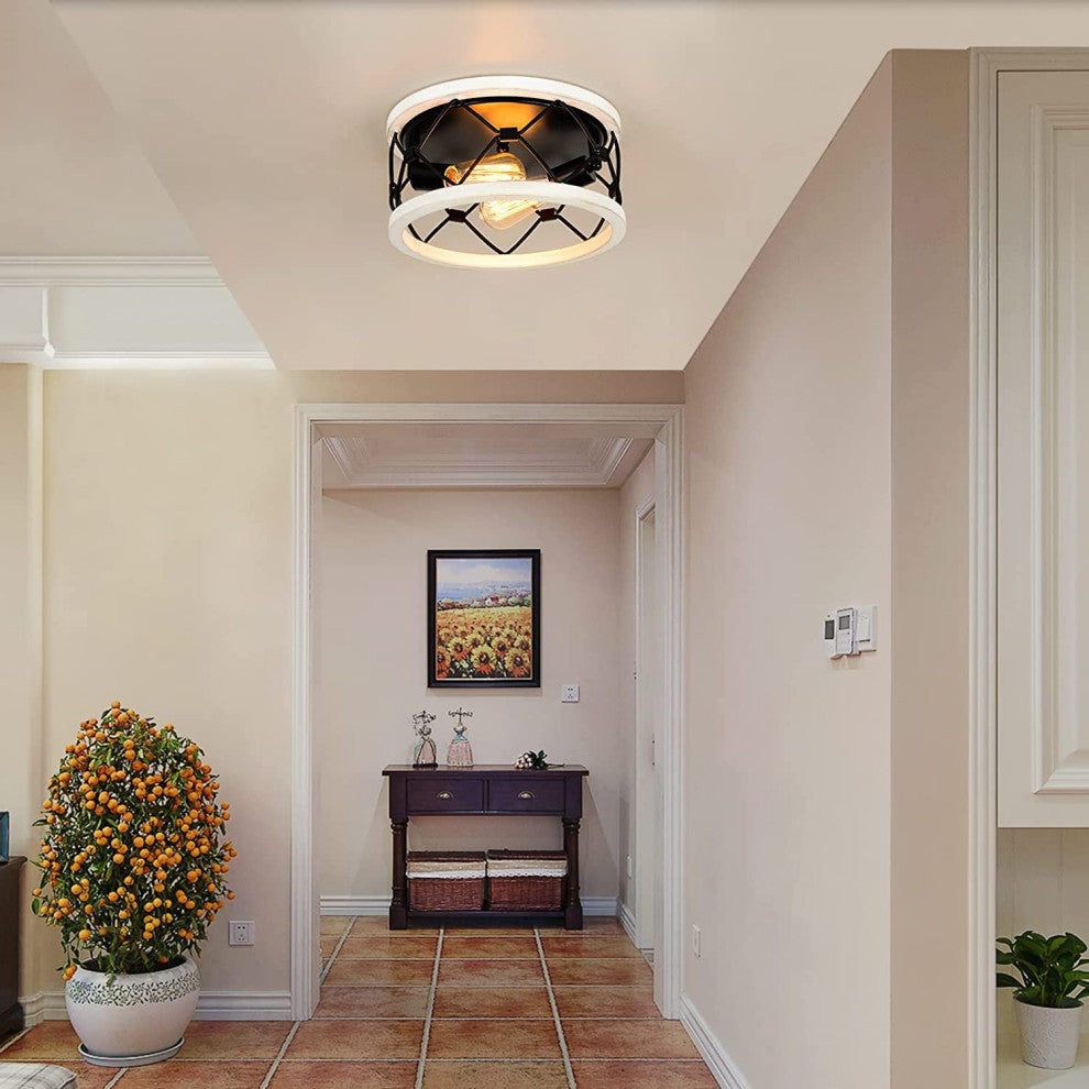 2 light round ceiling light fixture black cage Close to Ceiling Light