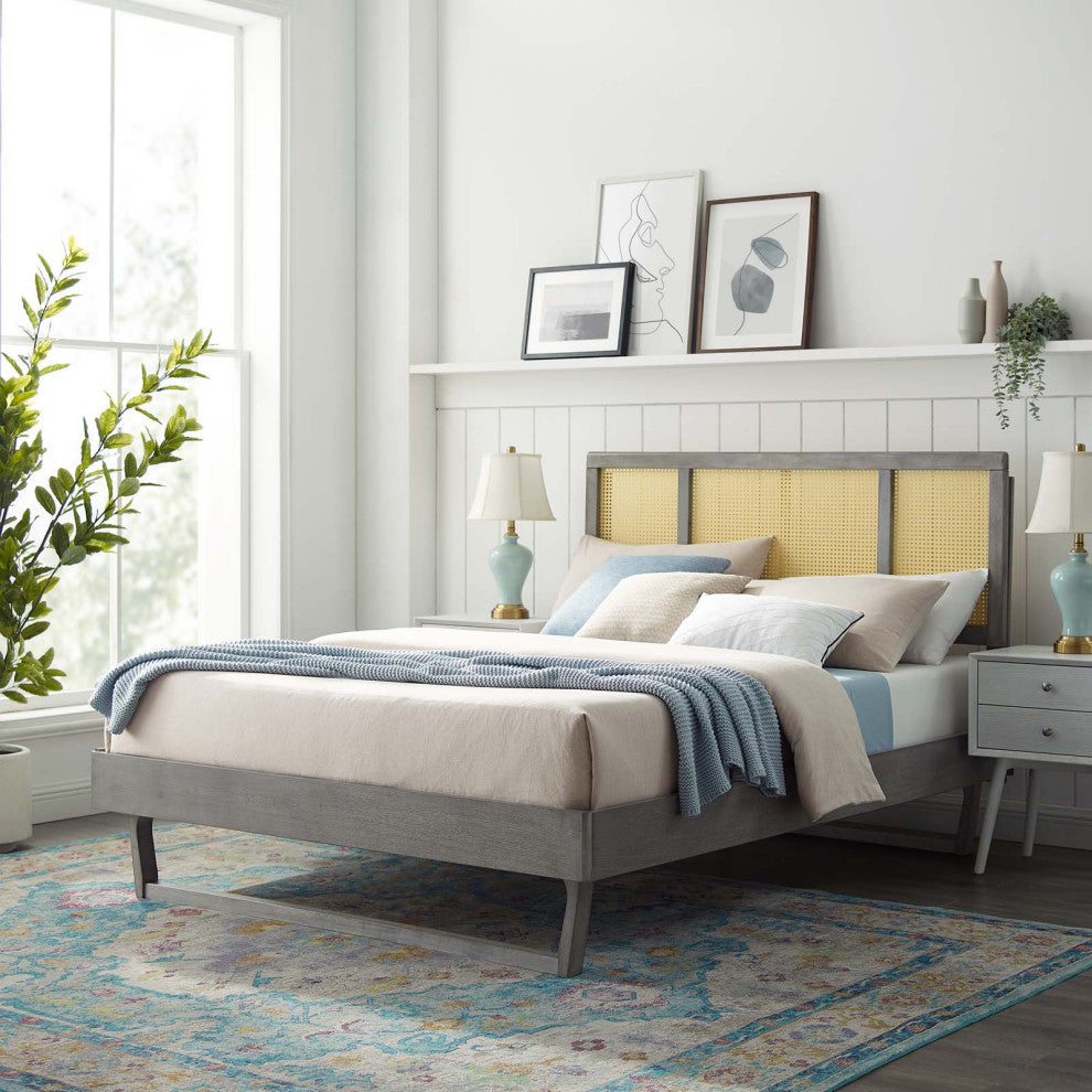 Platform Bed Frame, Queen Size, Wood, Gray, Modern Mid-Century, Bedroom
