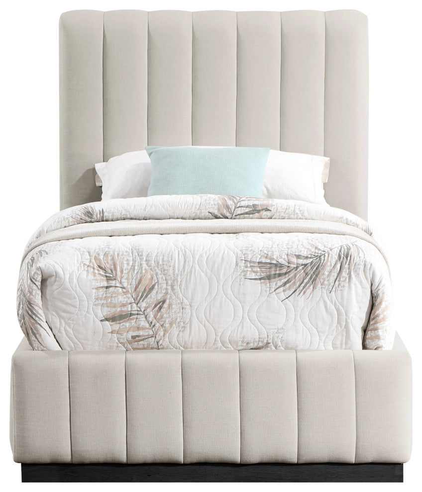 Lucia Beige Linen Textured Fabric Full Bed, Beige, Twin, Black Finish