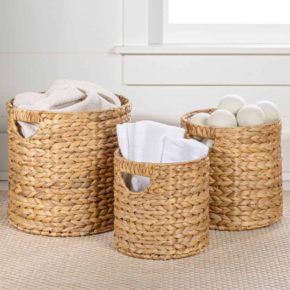 Avery Cottage Handwoven Hyacinth Cylinder Nesting Baskets With Handles, Set 3