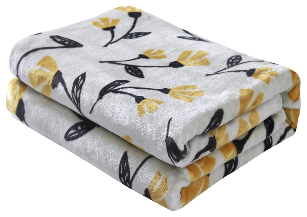 Fresh Sunshine Yellow Fleur Floral Soft Plush Fleece Throw Blanket, 90"x90"