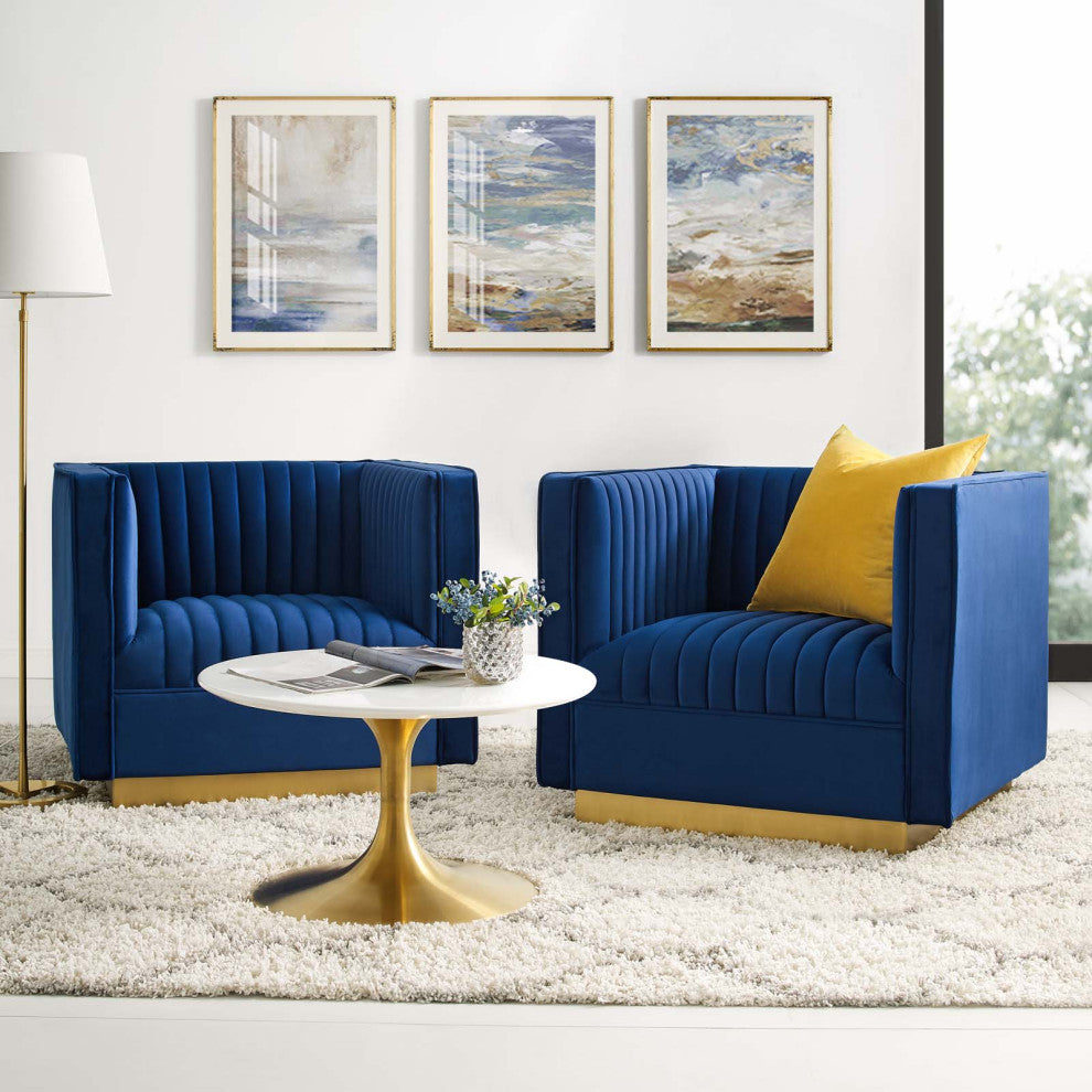 Tufted Armchair Accent Chair, Set of 2, Velvet, Blue Navy, Modern, Lounge