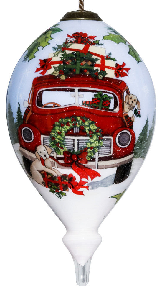 Puppy and Red Truck Christmas Wreath Hand Painted Mouth Blown Glass Ornament