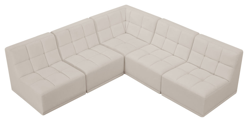 Relax Velvet Upholstered 5-Piece L-Shaped Modular Sectional, Cream