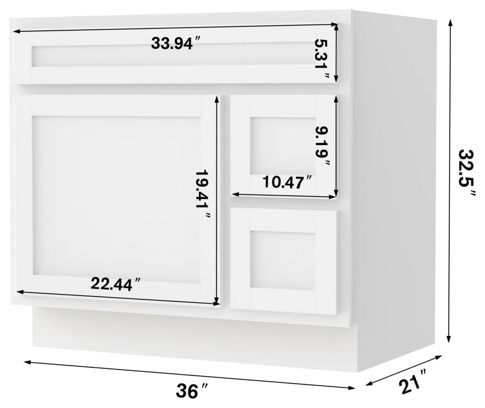 Vanity Art Vanity Base Cabinet, No Top, Drawers on Right, 36", White