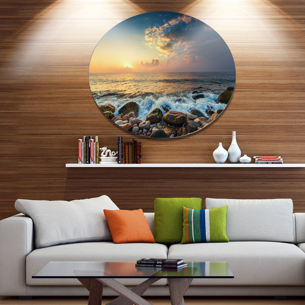 Sunrise And Shining Waves In Sea, Seashore Disc Metal Wall Art, 11"