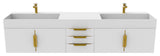 CastelloUSA Amazon 84" Wall Mounted Bathroom Vanity Set, White, White Top, Gold Handles