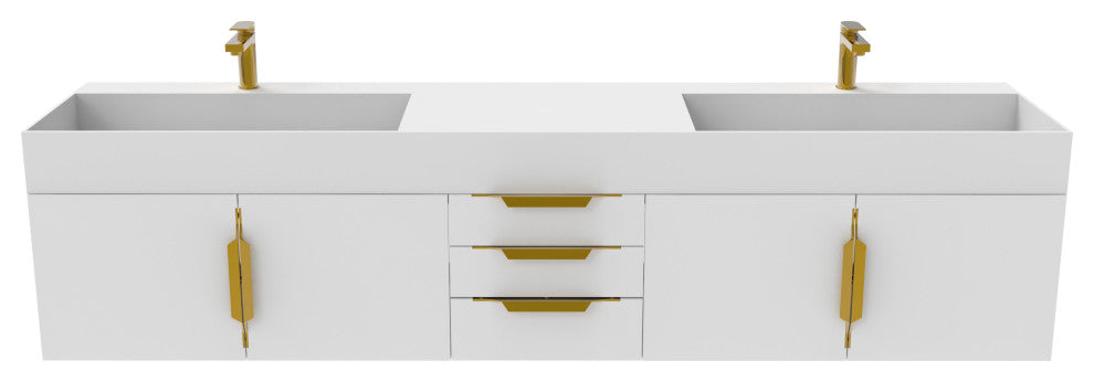 CastelloUSA Amazon 84" Wall Mounted Bathroom Vanity Set, White, White Top, Gold Handles
