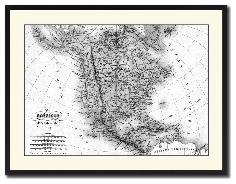 North America Canada Mexico Vintage B&W Map Canvas Print, 28"x37"