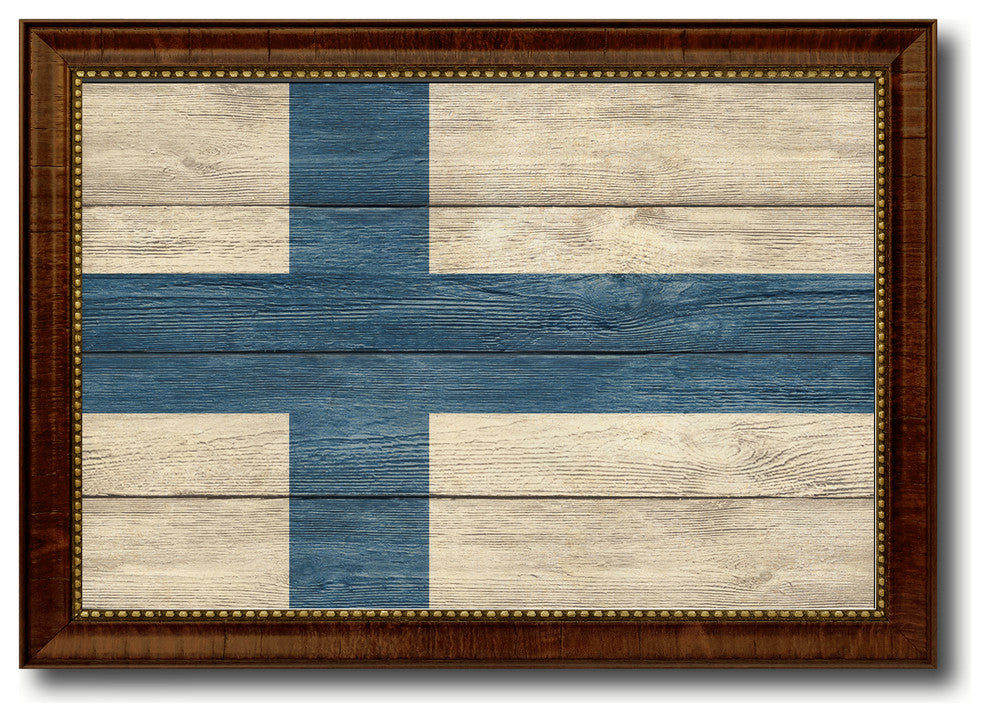 Finland Country Textured Flag Print With Brown Gold Frame, 15"X21"