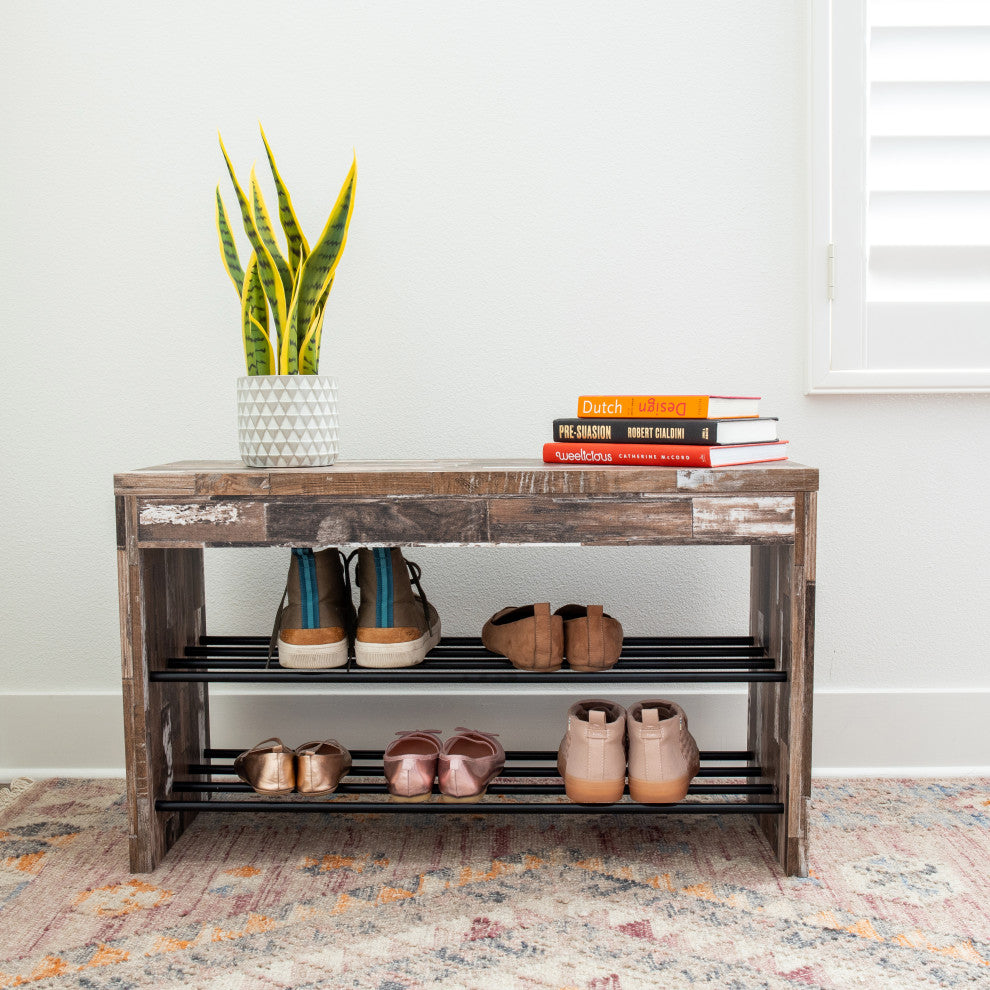 Two-Tier Industrial Decorative Shoe Bench, Distressed Wood Finish