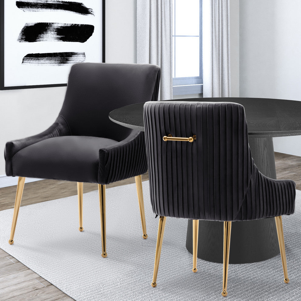 Glam Pleated Velvet Dining Chair Set of 2, Tufted Side Accent Kitchen Chair, Black