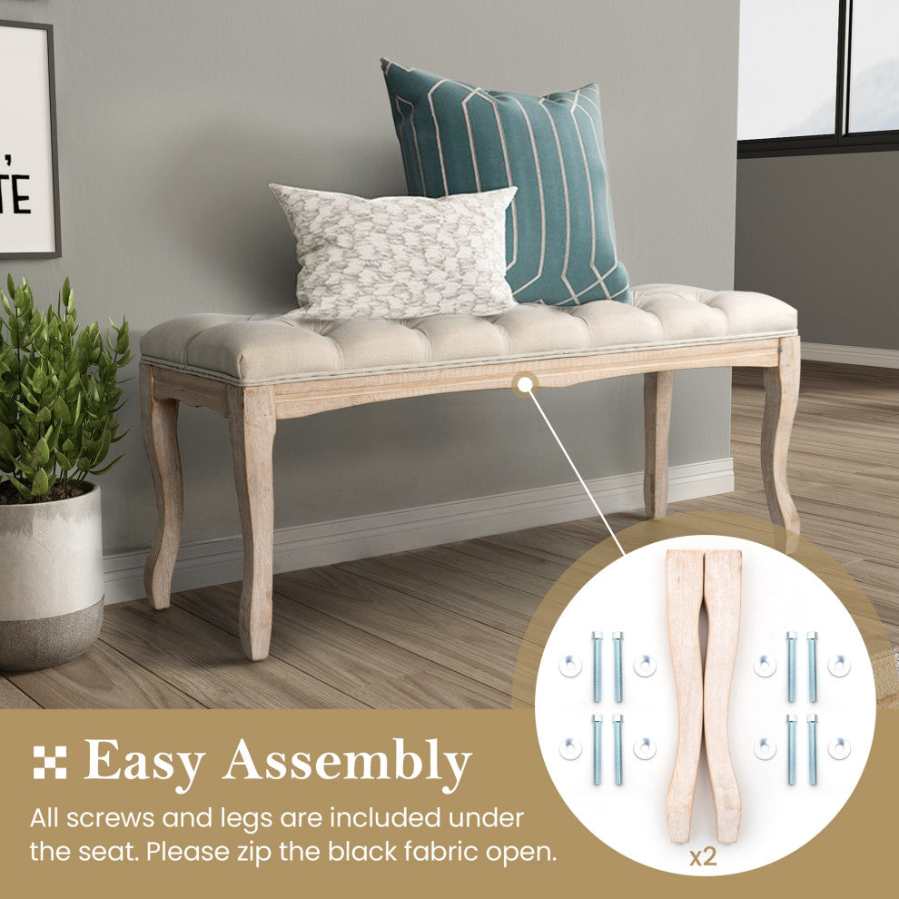 Wood Bench, Upholstered Ottoman, Tufted Bedroom Bench, Beige