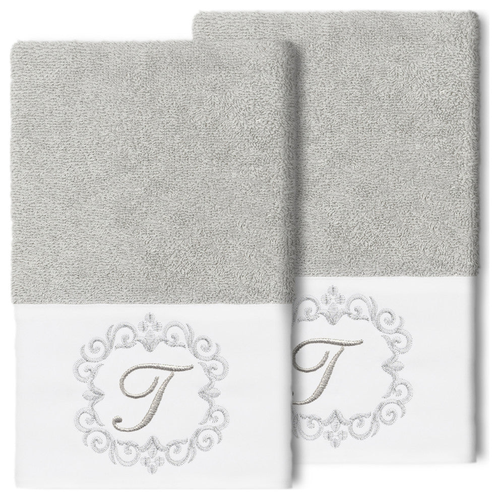 Linum Home Turkish Cotton Monica 2-Piece Embellished Hand Towel Set, Light Gray