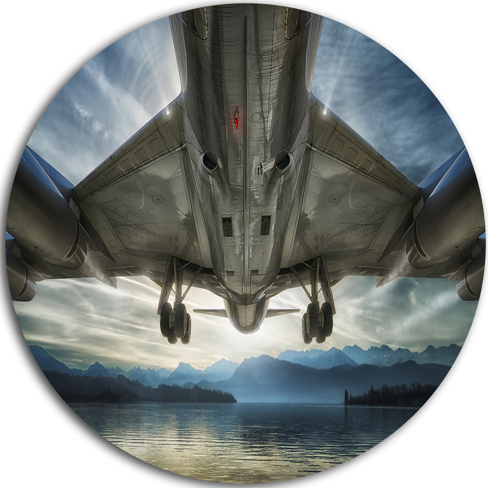Plane Over Beach And Sea, Seashore Photography Disc Metal Wall Art, 36"