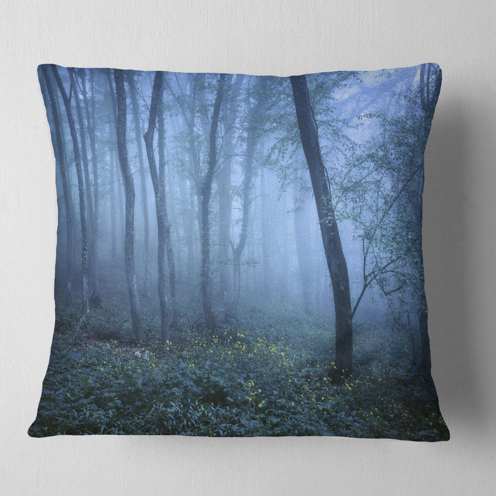 Trail Through Blue Fall Forest Landscape Photo Throw Pillow, 18"x18"