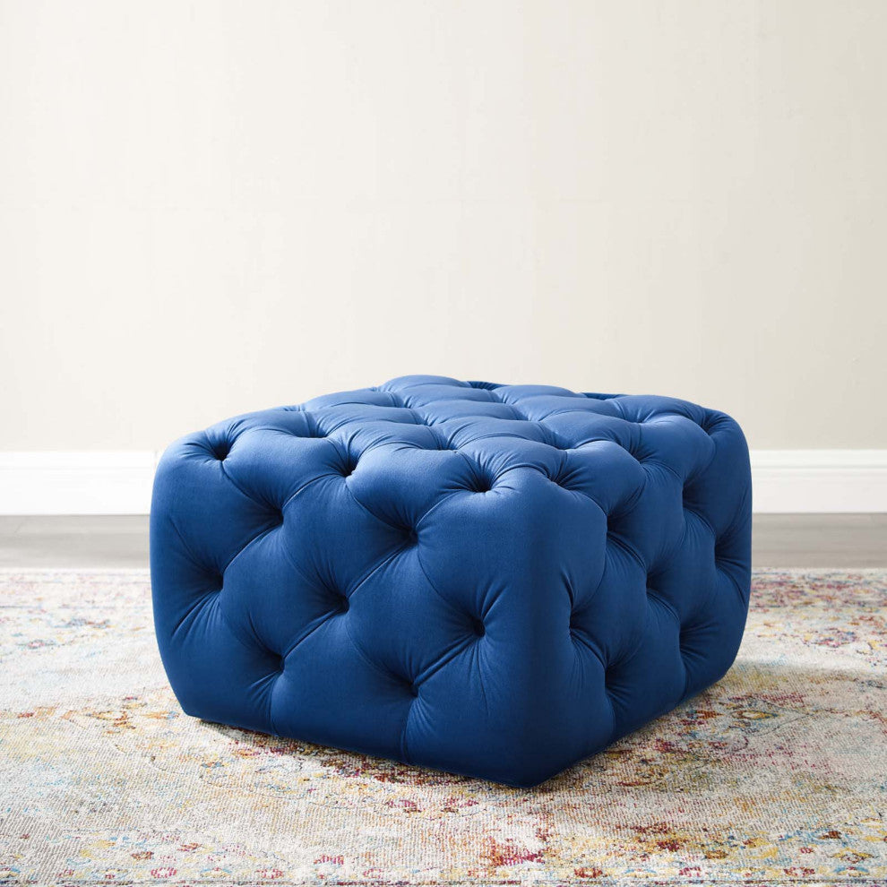 Tufted Accent Chair Ottoman, Square, Velvet, Blue Navy, Modern, Lounge