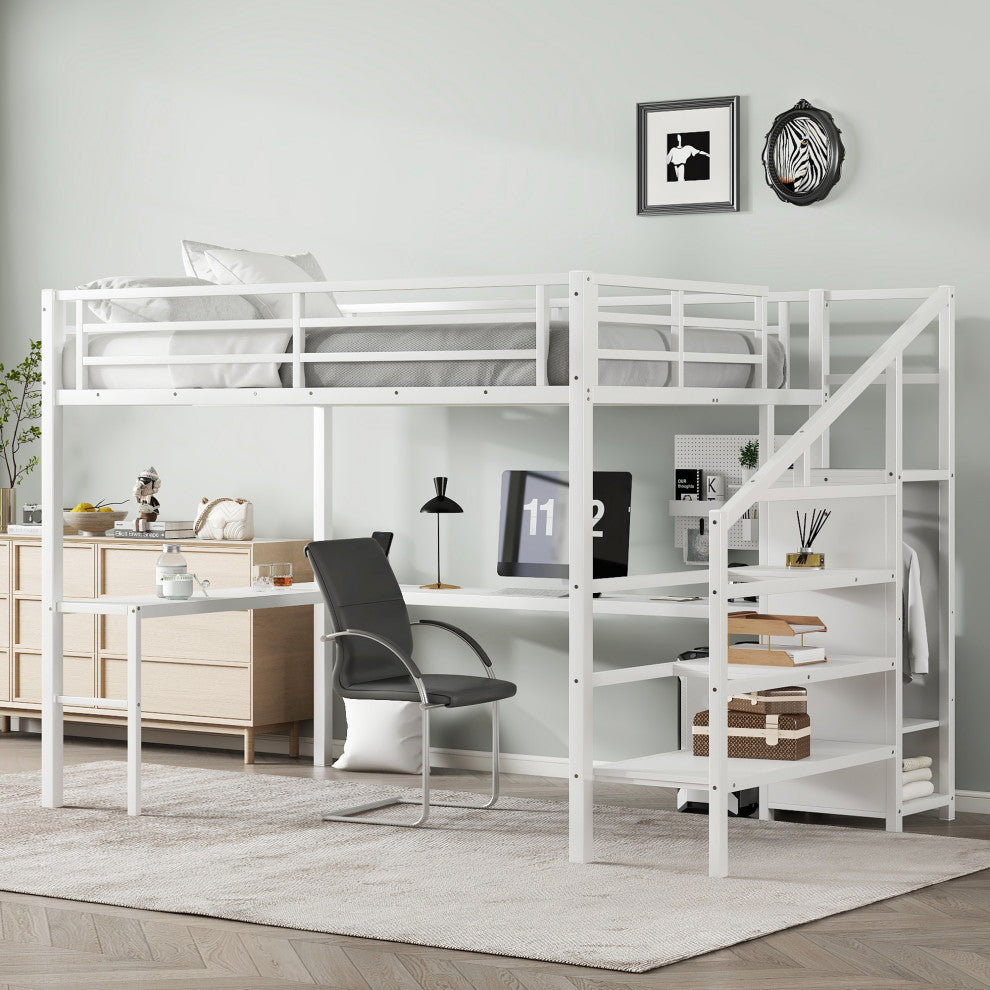 Gewnee Queen Size Loft Bed with L-shaped Desk and USB