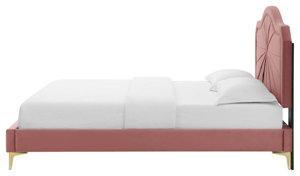Platform Bed Frame, Twin Size, Velvet, Pink, Modern Contemporary, Bedroom Master