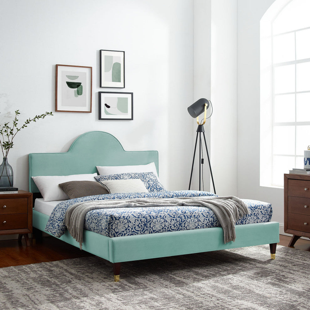 Platform Bed Frame, King Size, Blue, Velvet, Modern, Bedroom Master Guest Suite
