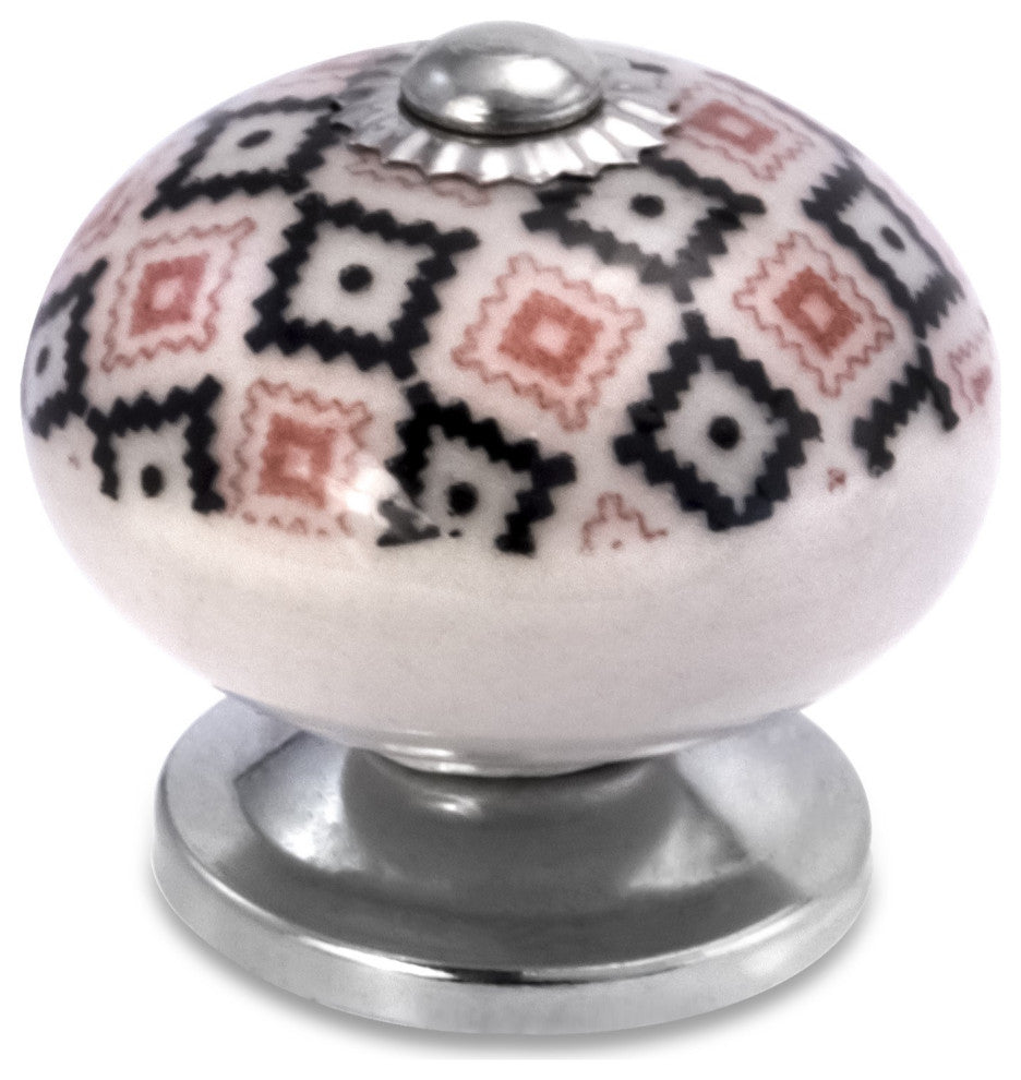Mascot Hardware White Ceramic Knob with Pink and Black Geometric Pattern - PK 10