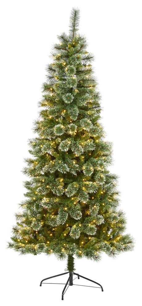 7' Wisconsin Slim Snow Tip Pine Faux Christmas Tree With 400 Clear LED Lights
