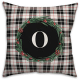 Black Plaid Monogram Wreath O 18x18 Spun Poly Pillow