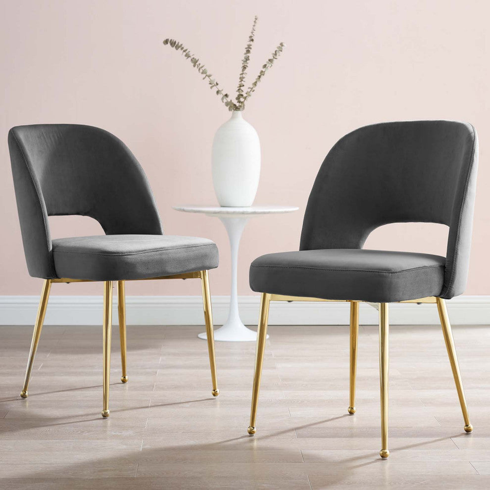 Side Dining Chair, Set of 2, Velvet, Metal, Dark Gray, Modern, Cafe Bistro