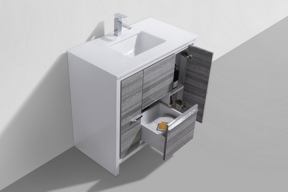KubeBath Dolce 36" Vanity With White Quartz Countertop, Rose Wood, Ash Gray