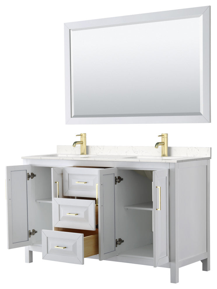 60"DBL Vanity White, Light-Vein Carrara Cult. Top, Sinks, 58"Mirror, Gold Trim