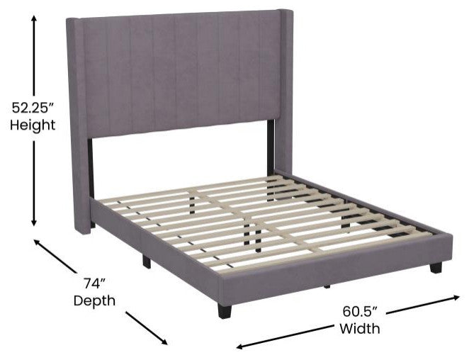 Bianca Upholstered Platform Bed w/Vertical Stitched Wingback Headboard, Gray Velvet, Full