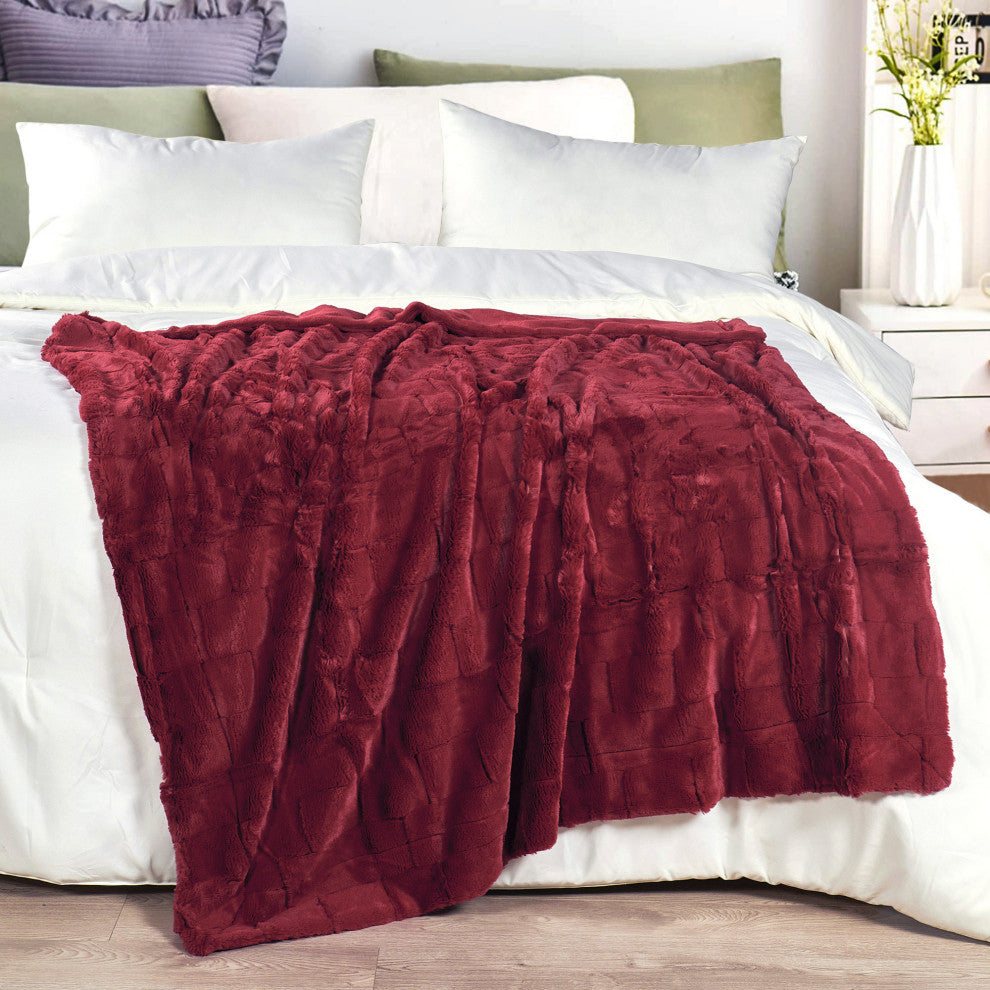 Kasaya Jacquard Supersoft Faux Fur Throw Blanket, Garnet, 50" X 60"