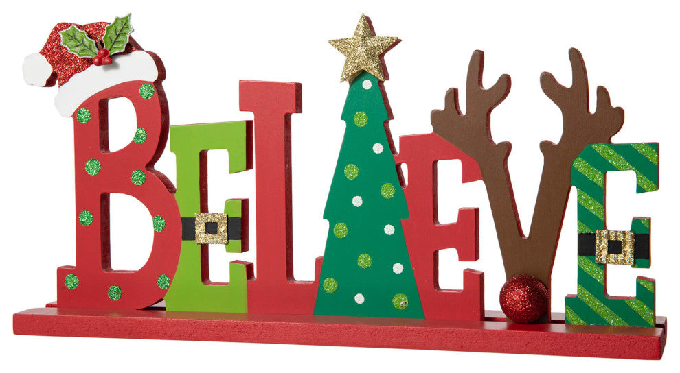 14"L Wooden Christmas "BELIEVE"  Table Decor
