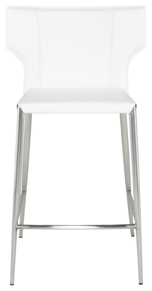 Wayne Counter Stool, White Leather, Brushed Stainless Steel Legs