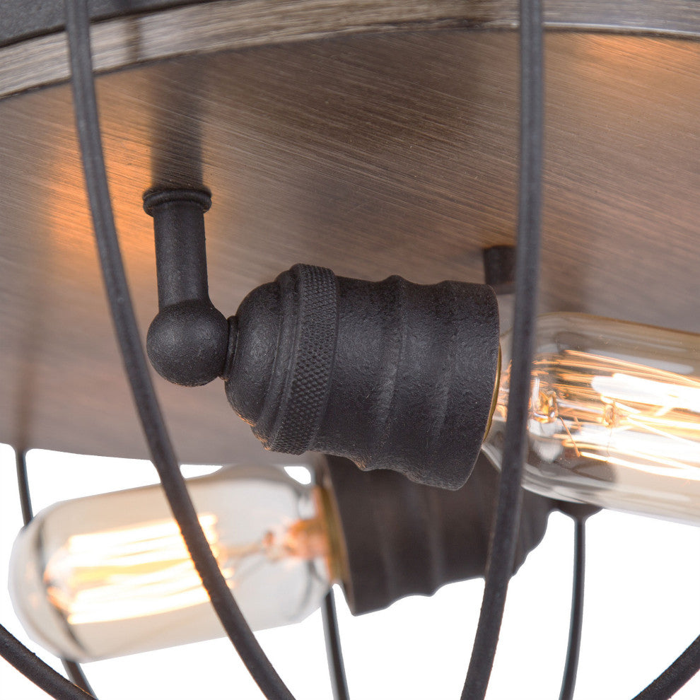 LNC Farmhouse 2-Light Balck Cage Flush Mount Ceiling Light With Wood Accent