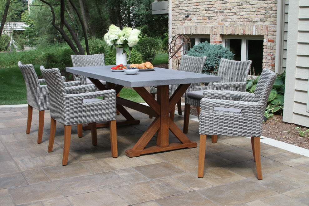 7-Piece Dining Table With Composite Concrete Top and Light Gray Chairs