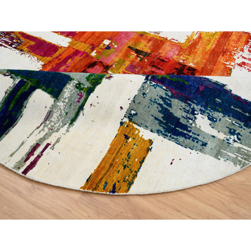 Colorful Wool and Silk Hand Knotted Modern Abstract Motifs Round Rug, 8'9"x8'9"